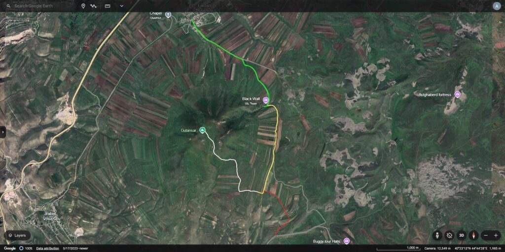 A screenshot of the map of the area around Mount Gutanasar on Google Earth. A few trails are highlighted in green, yellow, red, and white colors.